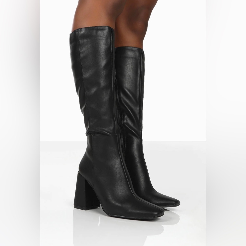 Public Desire Apology Black PU Knee High Block Heel Black Boots Size 7
